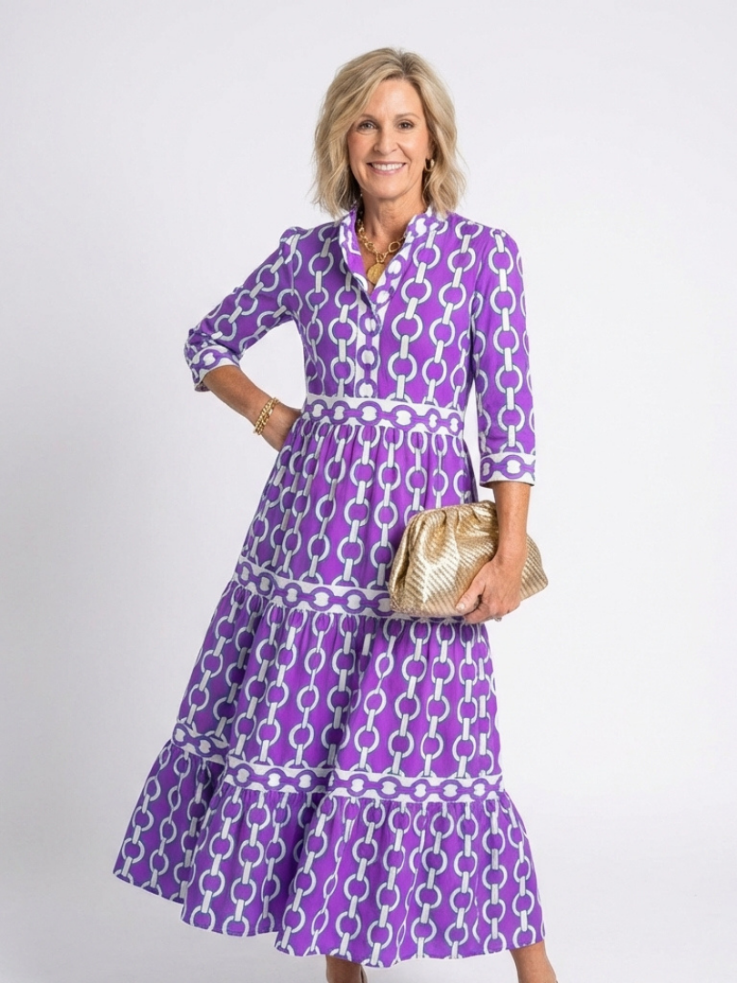 Purple three-quarter sleeve chain-pattern midi dress with tiered skirt and smocked waist
