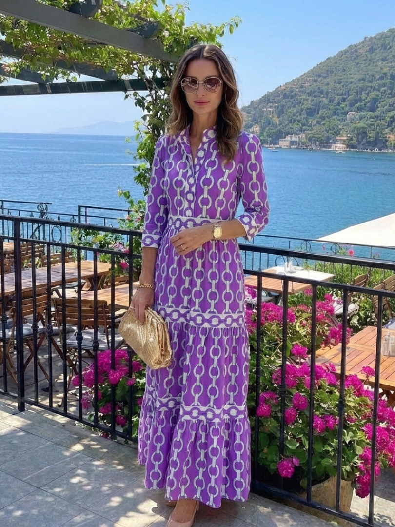 Purple chain-pattern three-quarter sleeve midi dress with tiered skirt, front view