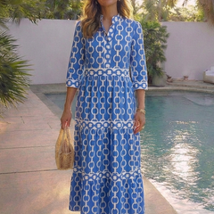 Blue chain-pattern three-quarter sleeve midi dress with tiered skirt, front view