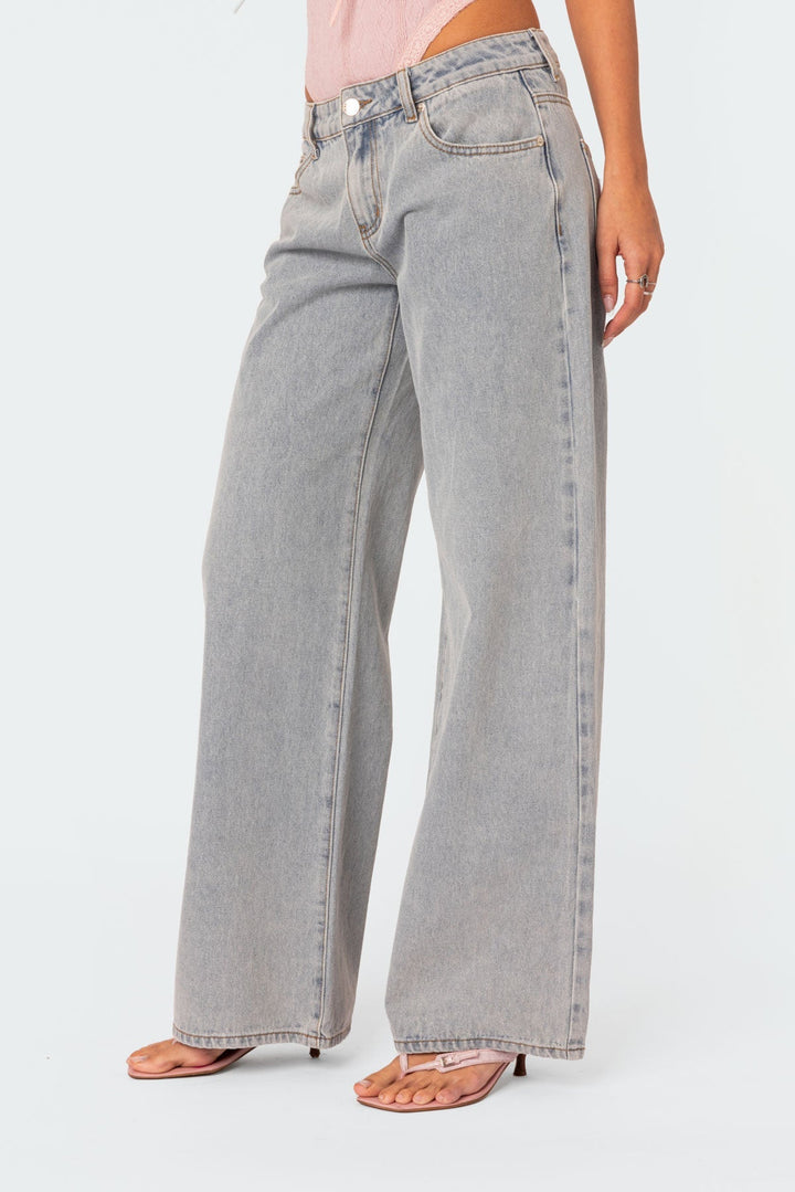 Light gray wide-leg denim jeans with classic five-pocket design and belt loops
