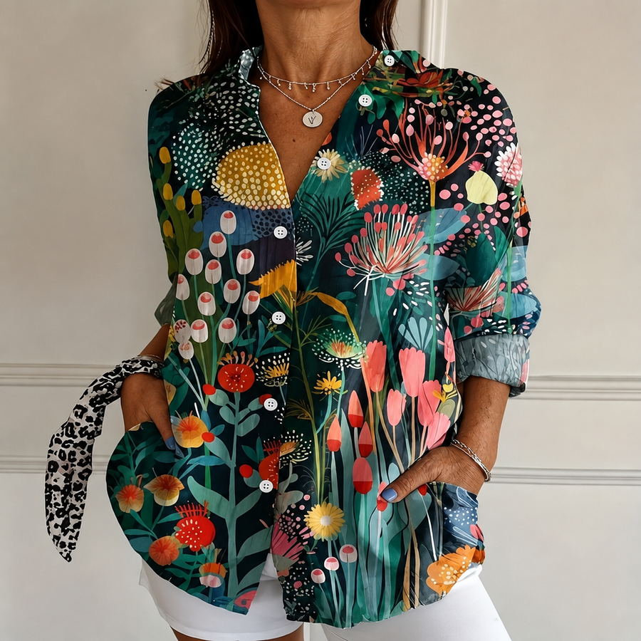Multicolor botanical print blouse with V-neck button front and long sleeves