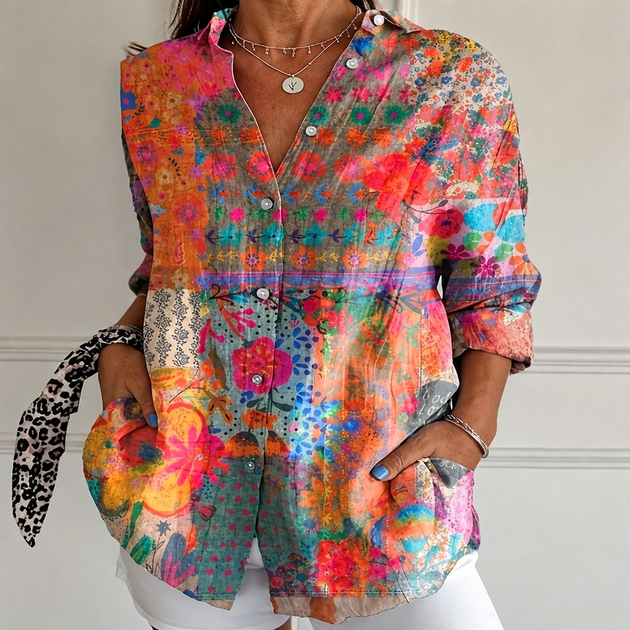 Colorful floral button-front blouse with point collar, long sleeves, multicolor patchwork print