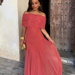 Toledo maxi dress in berry red, off-shoulder neckline with gathered waist and chiffon-like skirt