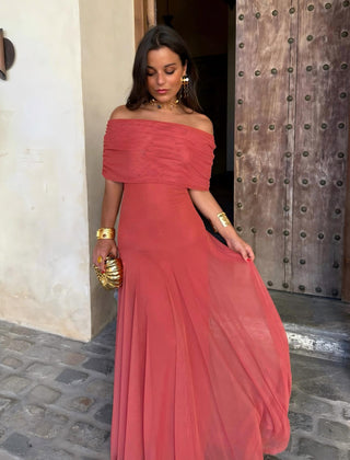 Toledo maxi dress in berry red, off-shoulder neckline with gathered waist and chiffon-like skirt