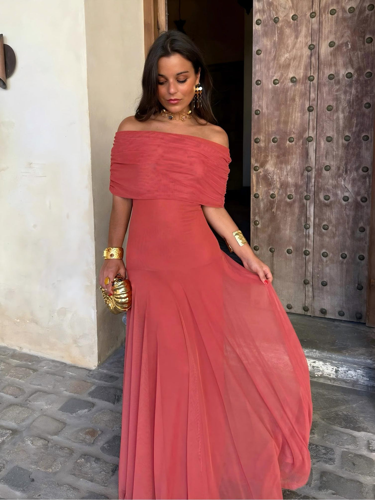 Toledo maxi dress in berry red, off-shoulder neckline with gathered waist and chiffon-like skirt