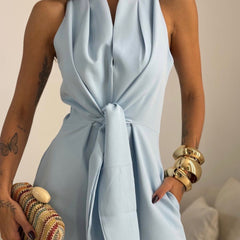 Sky blue halter cowl-neck jumpsuit with waist tie and draped sleeveless fit