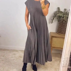 Gray sleeveless pleated maxi dress with crew neck and soft draped pleats