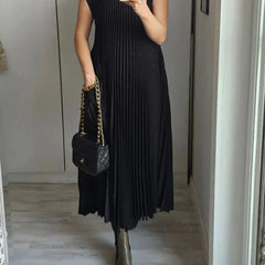 Black sleeveless pleated midi dress with round neck and flowing vertical pleats.