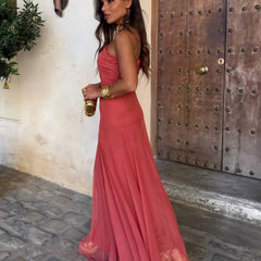 Berry red ruched sleeveless maxi dress with flowing skirt, 3/4 front view