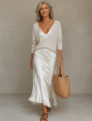 White two-piece set with knit V-neck sweater and satin midi skirt