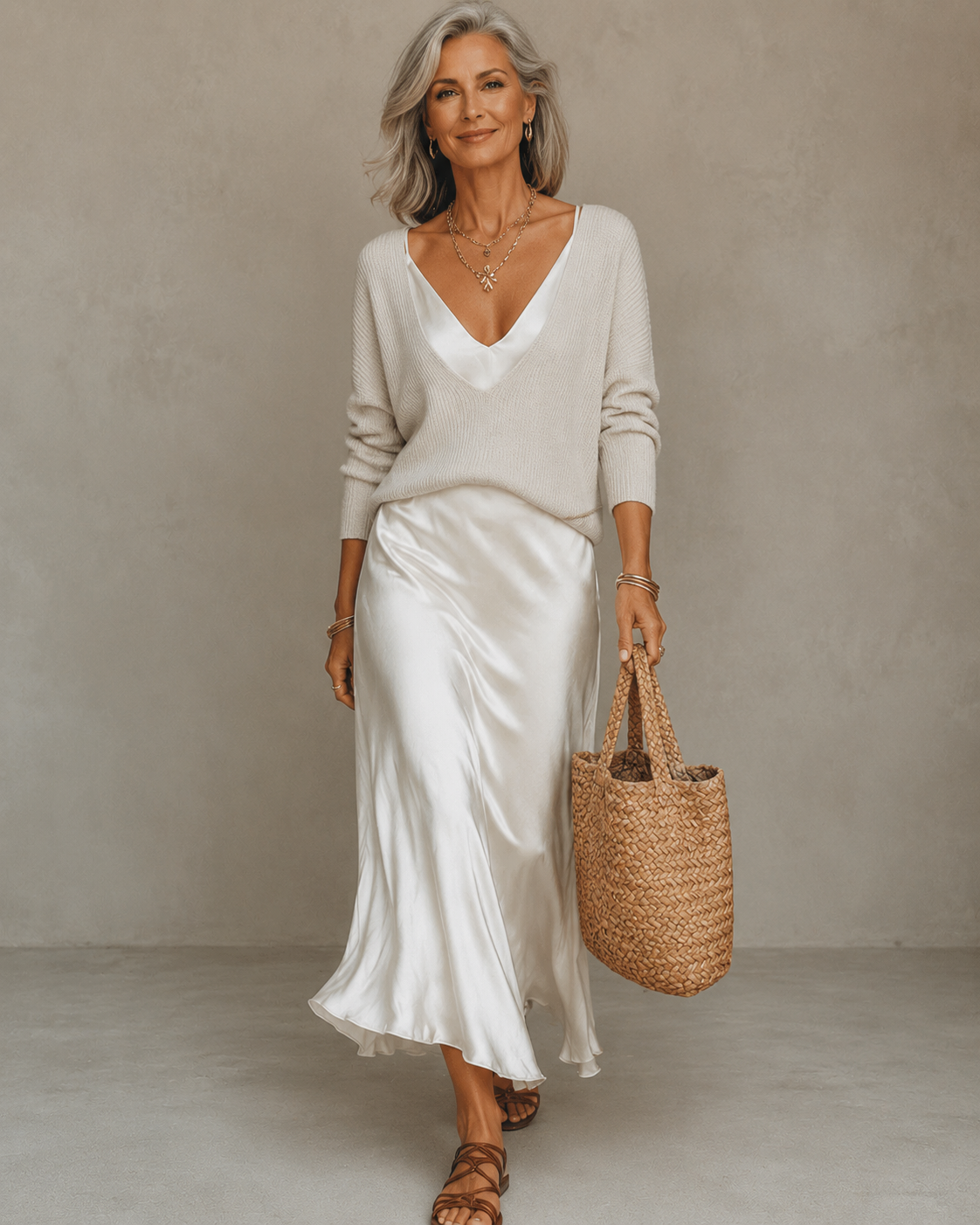 White two-piece set with knit V-neck sweater and satin midi skirt