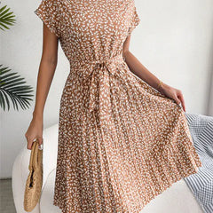 Chocolate brown floral midi line dress with short sleeves and tied waist