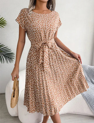 Chocolate brown floral midi line dress with short sleeves and tied waist
