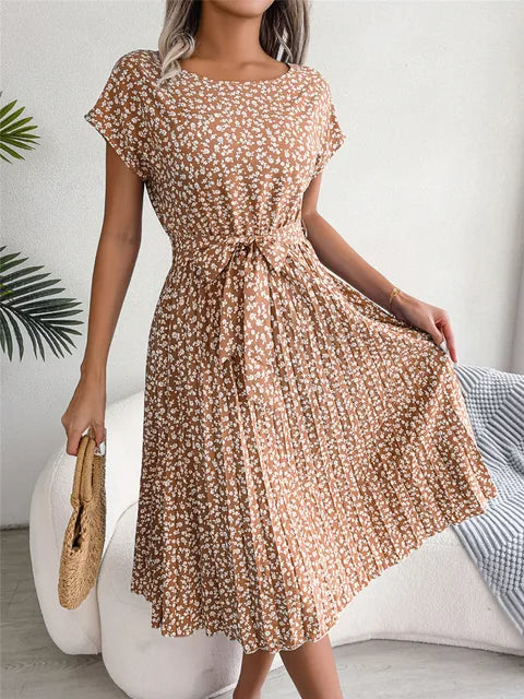 Chocolate brown floral midi line dress with short sleeves and tied waist