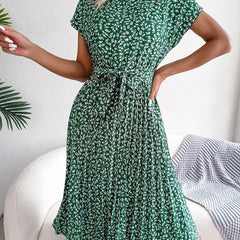 Green floral midi line dress with short sleeves and gathered waist