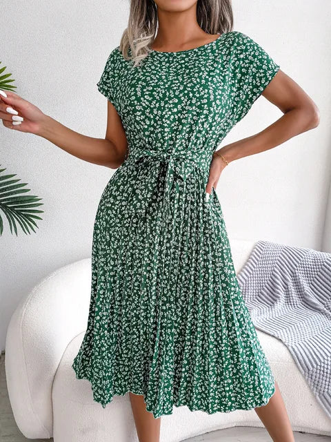 Green floral midi line dress with short sleeves and gathered waist