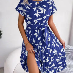 Blue and white leaf print line dress with gathered waist and short flutter sleeves