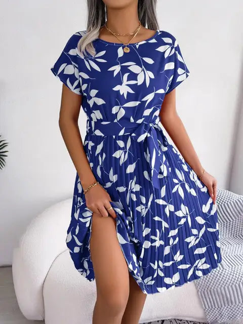 Blue and white leaf print line dress with gathered waist and short flutter sleeves
