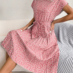 Dusty pink floral midi line dress with short sleeves and cinched waist