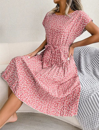 Dusty pink floral midi line dress with short sleeves and cinched waist