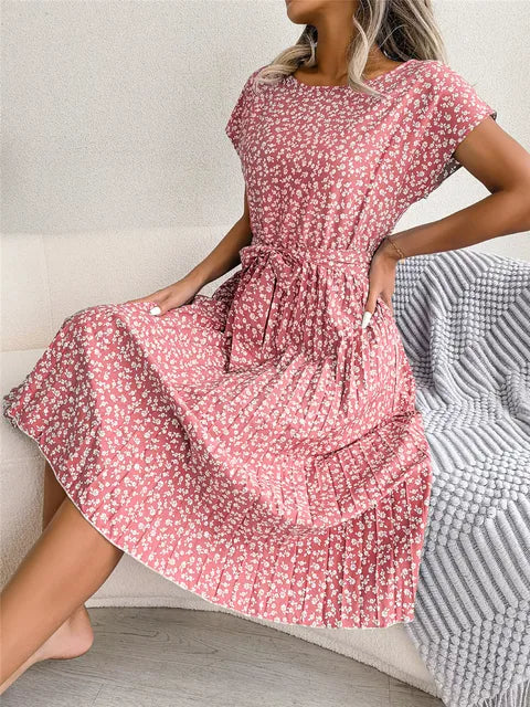 Dusty pink floral midi line dress with short sleeves and cinched waist