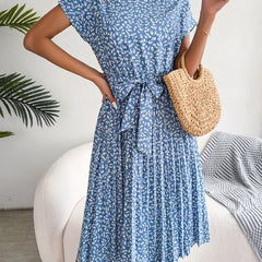 Light blue floral midi line dress with short sleeves and tie waist