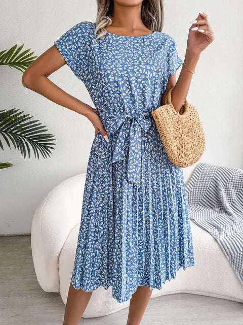 Light blue floral midi line dress with short sleeves and tie waist