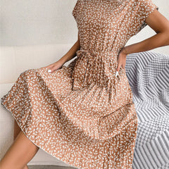 Brown floral midi line dress with short sleeves and gathered waist