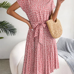 Rose pink floral midi line dress with short sleeves and tied waist