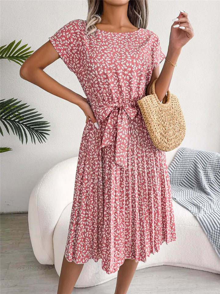 Rose pink floral midi line dress with short sleeves and tied waist