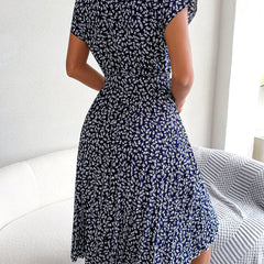 Navy floral midi line dress with short sleeves and cinched waist