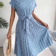 Blue floral midi line dress with short sleeves and gathered waist