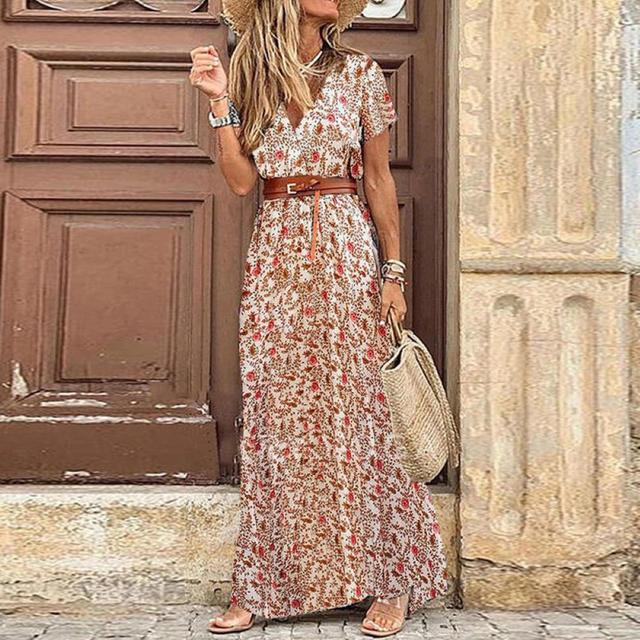 Long Ibiza pleated dress in red with small floral print and short sleeves