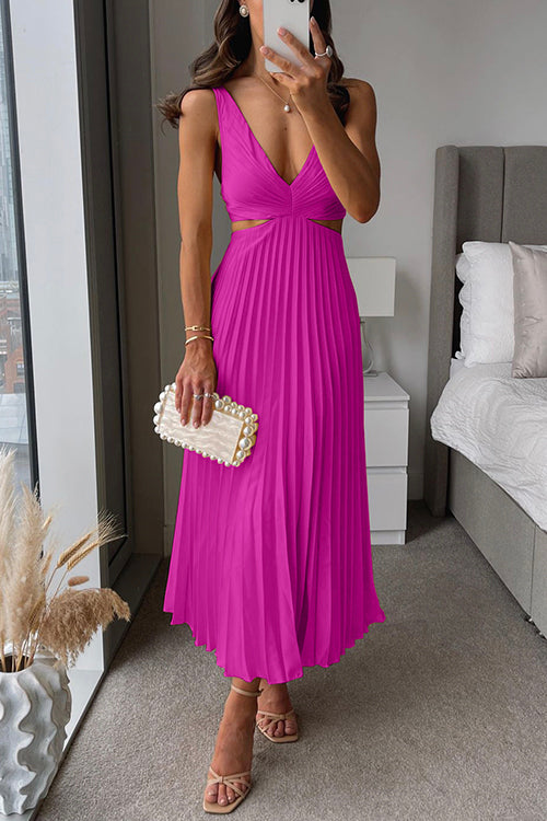 Fuchsia sleeveless pleated maxi dress with V-neck and cut-out waist detail
