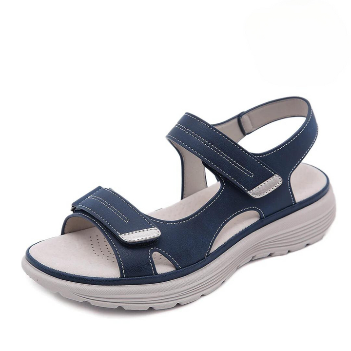 Orthopedic summer sandals in navy blue with two hook-and-loop straps and cushioned sole