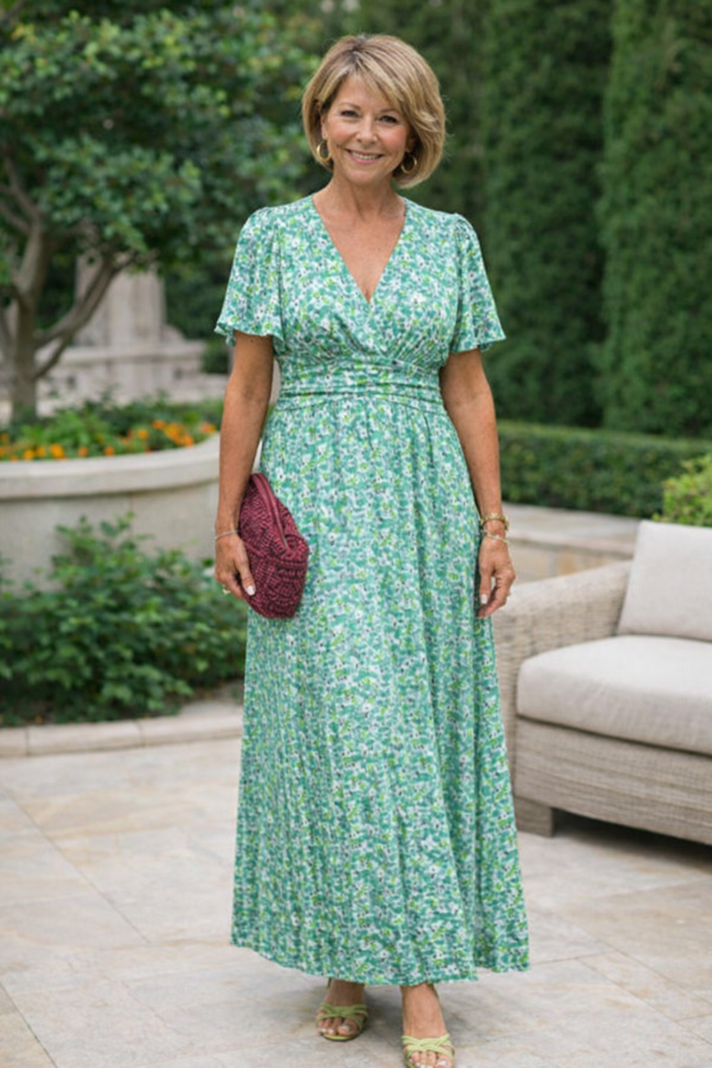 Green floral summer dress with short sleeves, V-neck, and gathered waist