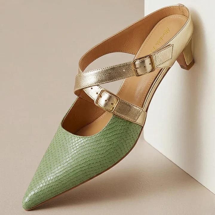 Green textured leather mule with pointed toe, double gold buckle straps, low heel