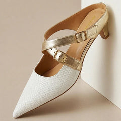 White and gold-tone genuine leather mule with cross strap and low block heel