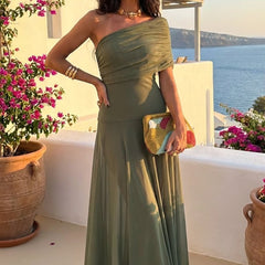 Off-shoulder maxi dress, olive green, fitted bodice with flared skirt and draped top