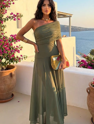 Off-shoulder maxi dress, olive green, fitted bodice with flared skirt and draped top