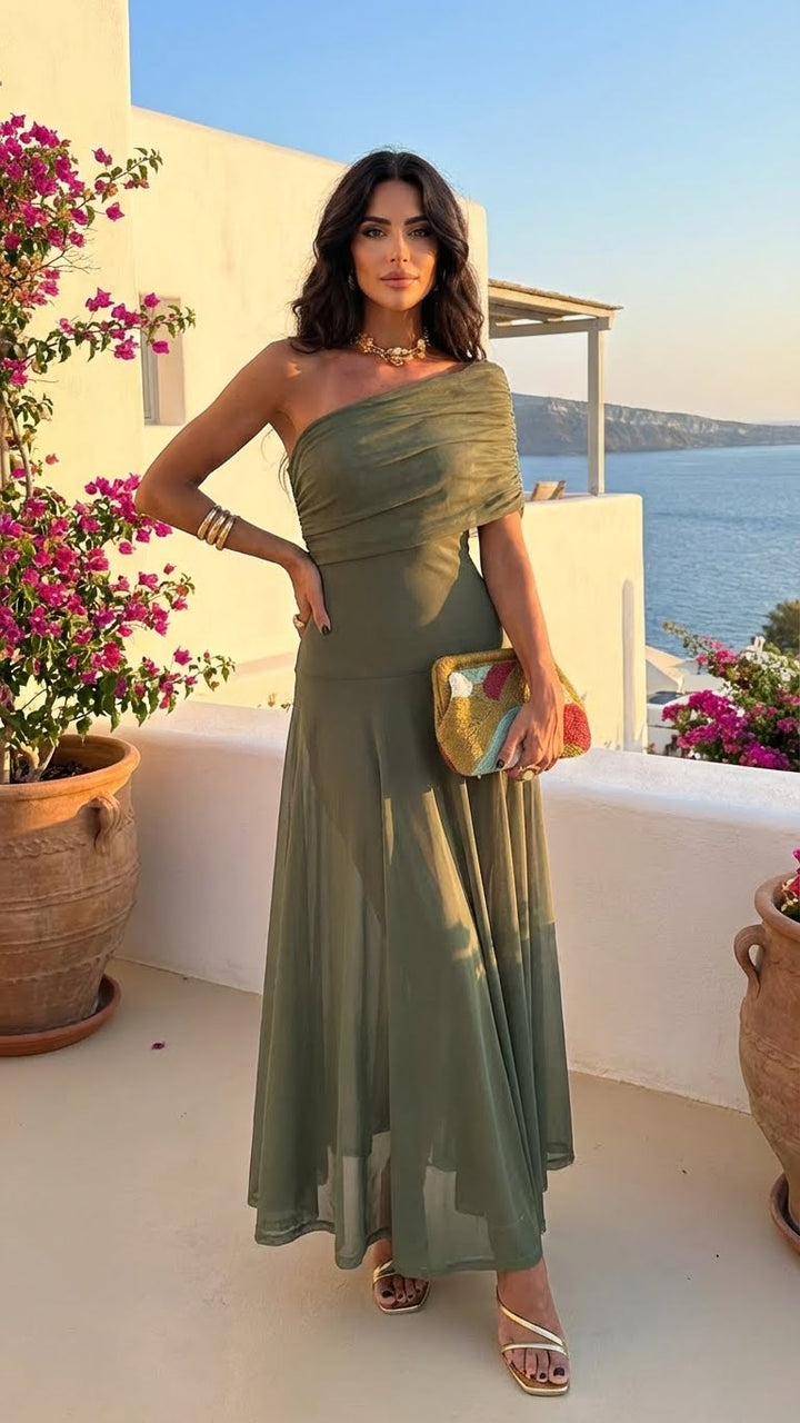 Off-shoulder maxi dress, olive green, fitted bodice with flared skirt and draped top
