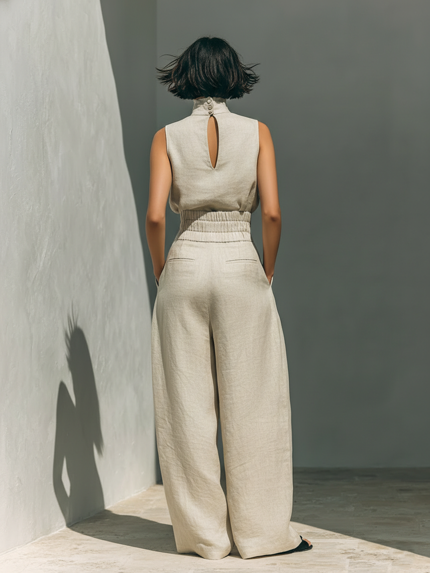 Backless sleeveless dress with high back keyhole and wide-leg silhouette in light khaki