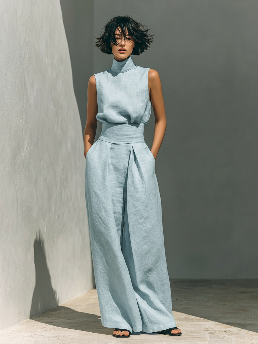 Sleeveless high-neck dress with gathered waist tie and wide-leg silhouette in light blue