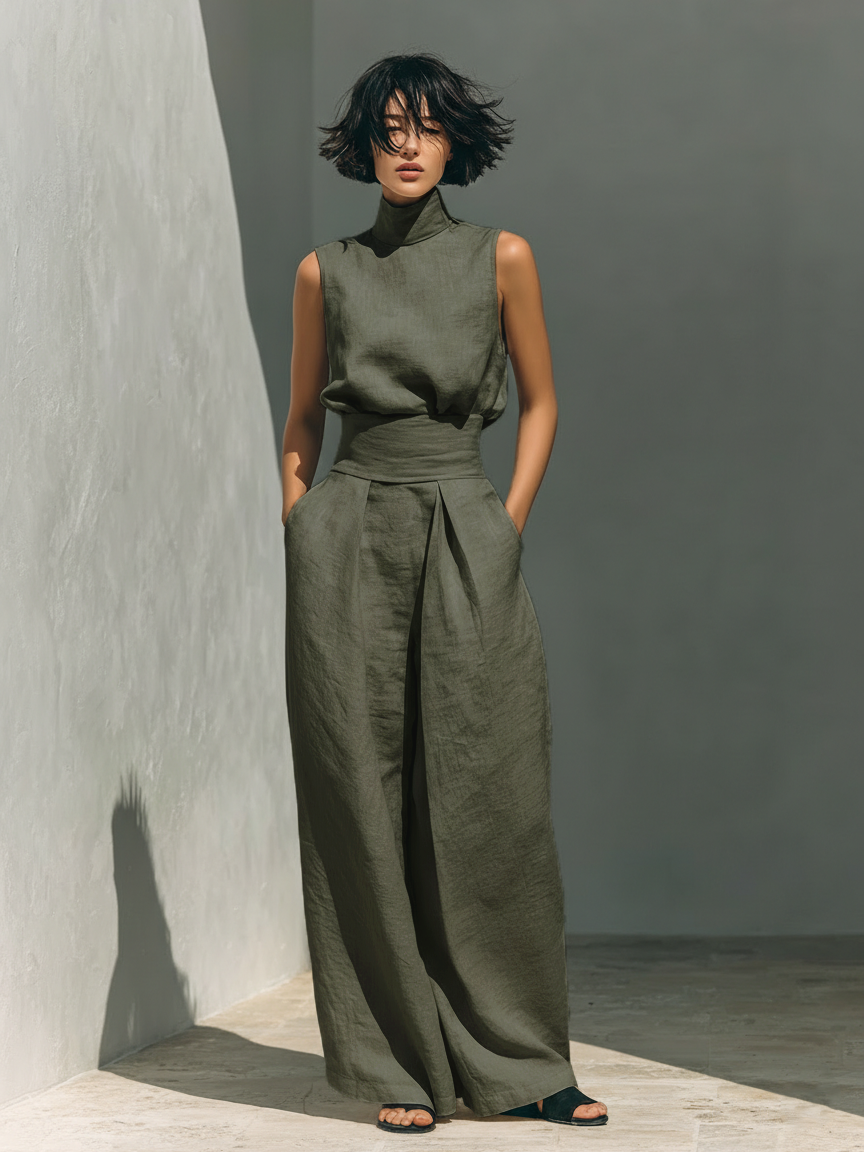 Sleeveless high-neck dress with ruched waist belt and wide legs in army green