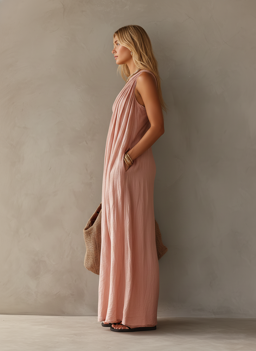 Kelly™ maxi dress in blush pink, sleeveless halter neckline, draped sides and flowing length