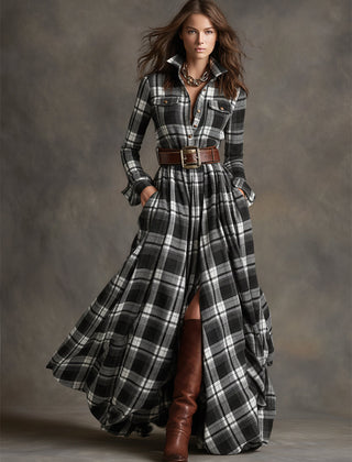 Belted shirt dress in black-and-white plaid with long sleeves and front slit