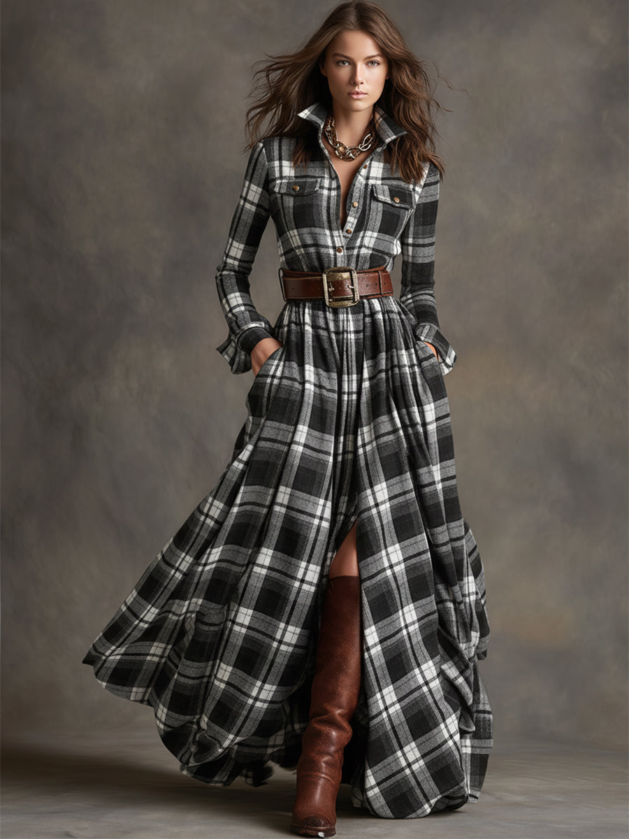 Belted shirt dress in black-and-white plaid with long sleeves and front slit