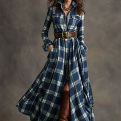 Belted shirt dress in blue plaid with long sleeves, button-front, and full skirt