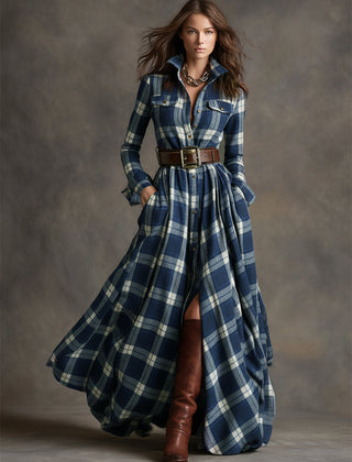 Belted shirt dress in blue plaid with long sleeves, button-front, and full skirt