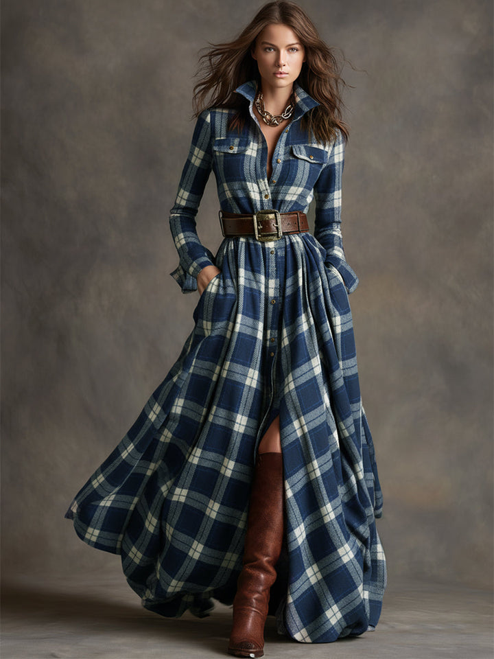 Belted shirt dress in blue plaid with long sleeves, button-front, and full skirt